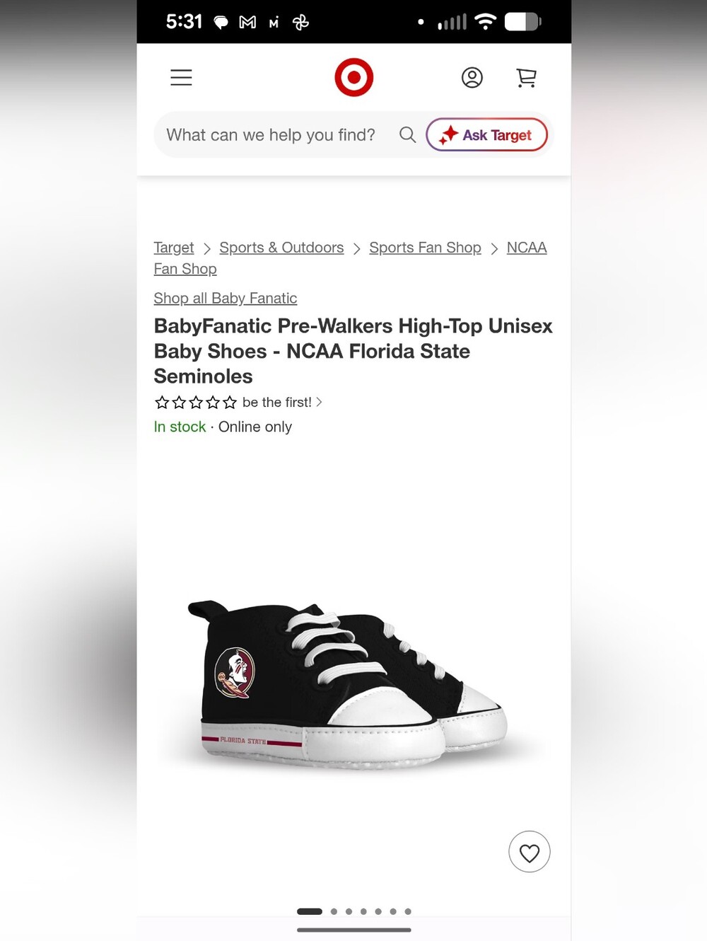 BabyFanatic Pre-Walkers High-Top Unisex Baby Shoes - NCAA Florida State Seminole